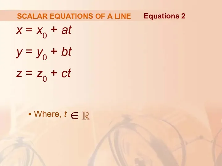 SCALAR EQUATIONS OF A LINE x = x0 + at y = y0