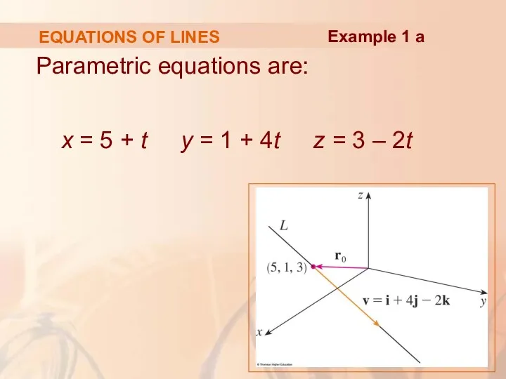 EQUATIONS OF LINES Parametric equations are: x = 5 + t y =
