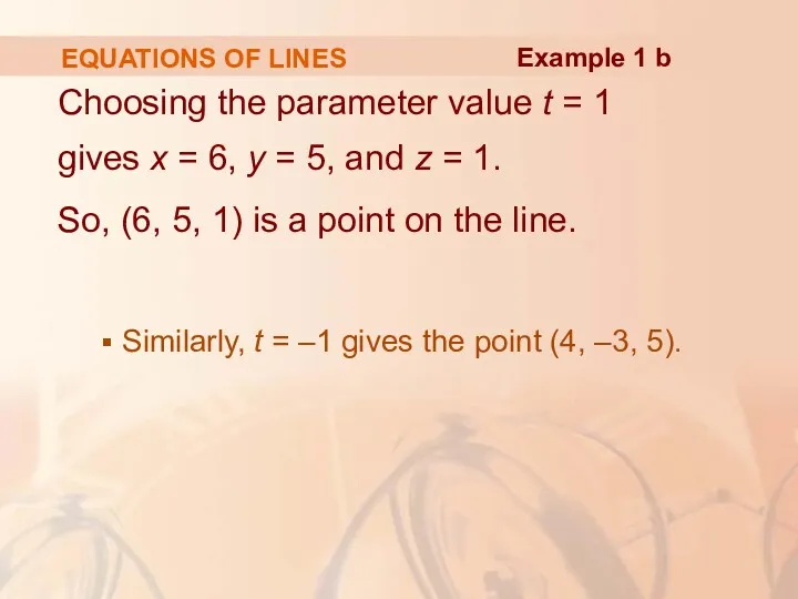 EQUATIONS OF LINES Choosing the parameter value t = 1 gives x =