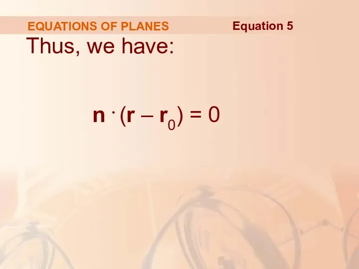 EQUATIONS OF PLANES Thus, we have: n . (r – r0) = 0 Equation 5
