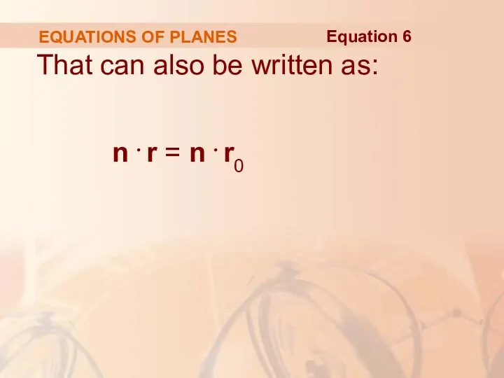 EQUATIONS OF PLANES That can also be written as: n . r =
