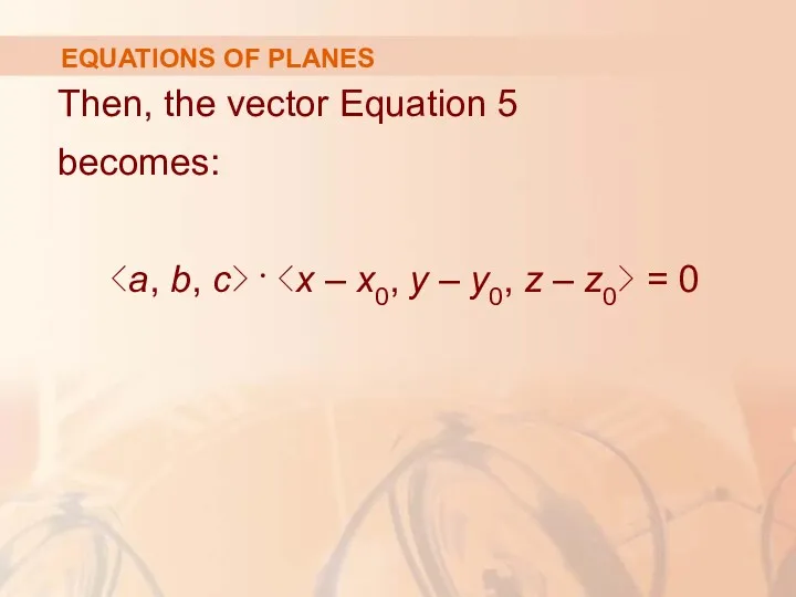 EQUATIONS OF PLANES Then, the vector Equation 5 becomes: . = 0