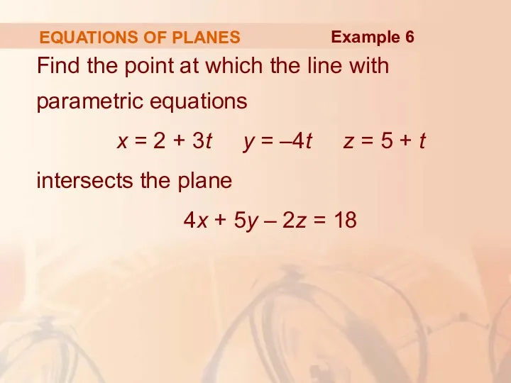 EQUATIONS OF PLANES Find the point at which the line with parametric equations