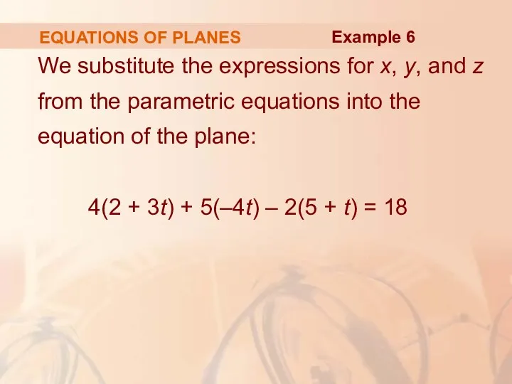 EQUATIONS OF PLANES We substitute the expressions for x, y, and z from