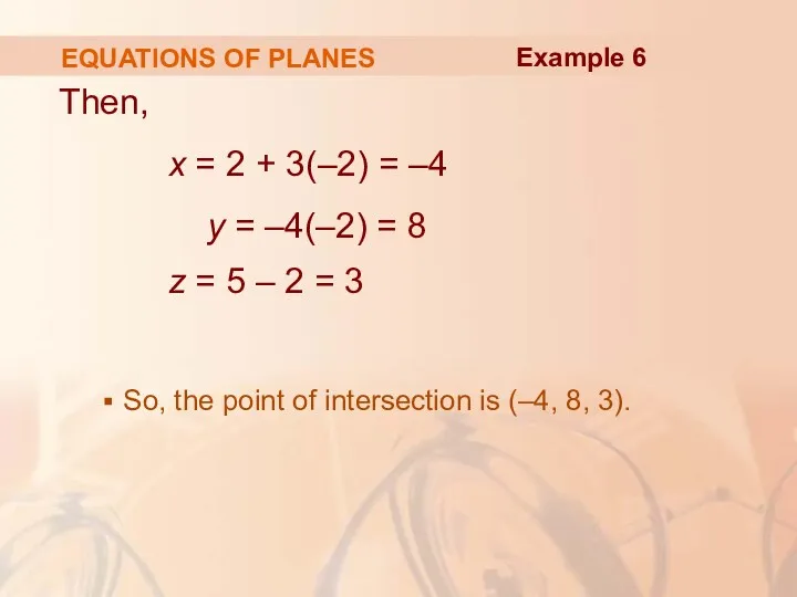 EQUATIONS OF PLANES Then, x = 2 + 3(–2) = –4 y =