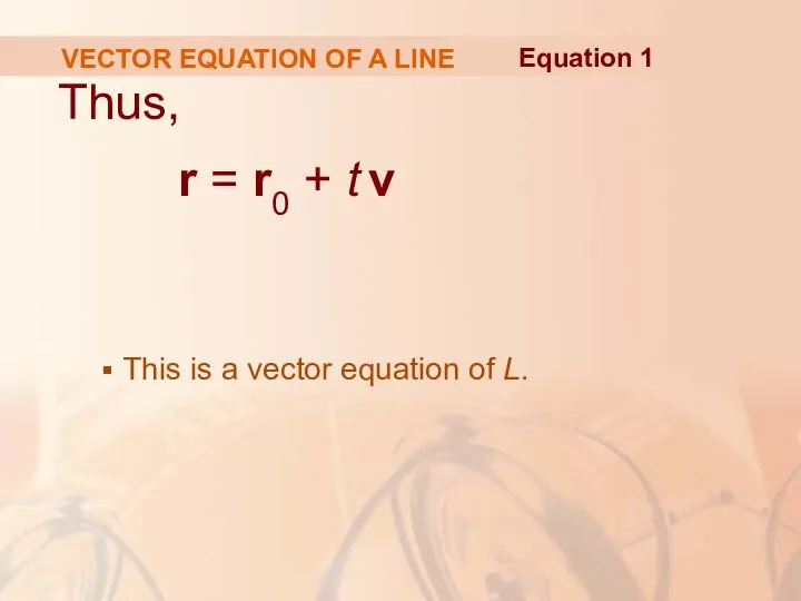 VECTOR EQUATION OF A LINE Thus, r = r0 + t v This