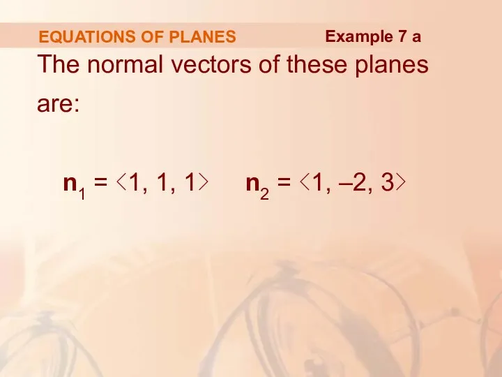 EQUATIONS OF PLANES The normal vectors of these planes are: n1 = n2