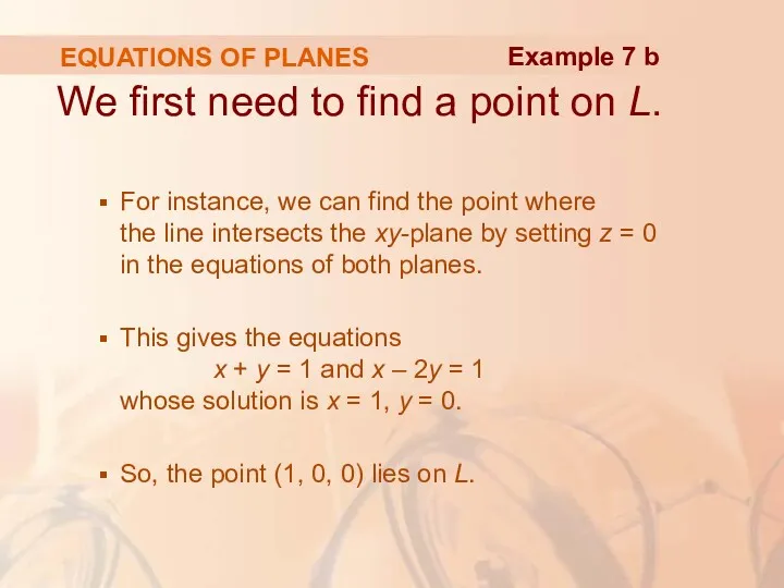 EQUATIONS OF PLANES We first need to find a point on L. For