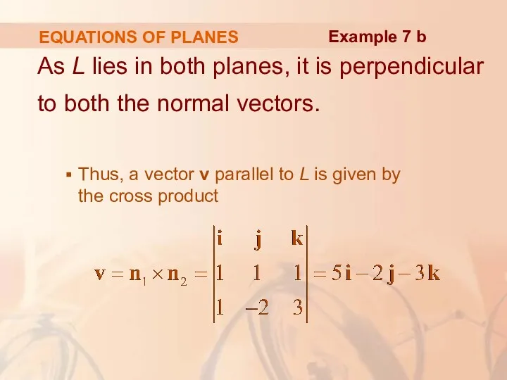 EQUATIONS OF PLANES As L lies in both planes, it is perpendicular to