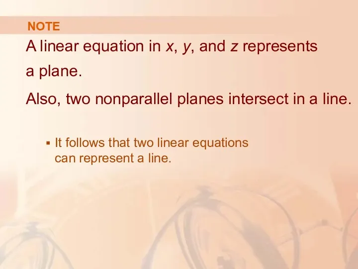 NOTE A linear equation in x, y, and z represents a plane. Also,