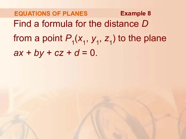 EQUATIONS OF PLANES Find a formula for the distance D from a point