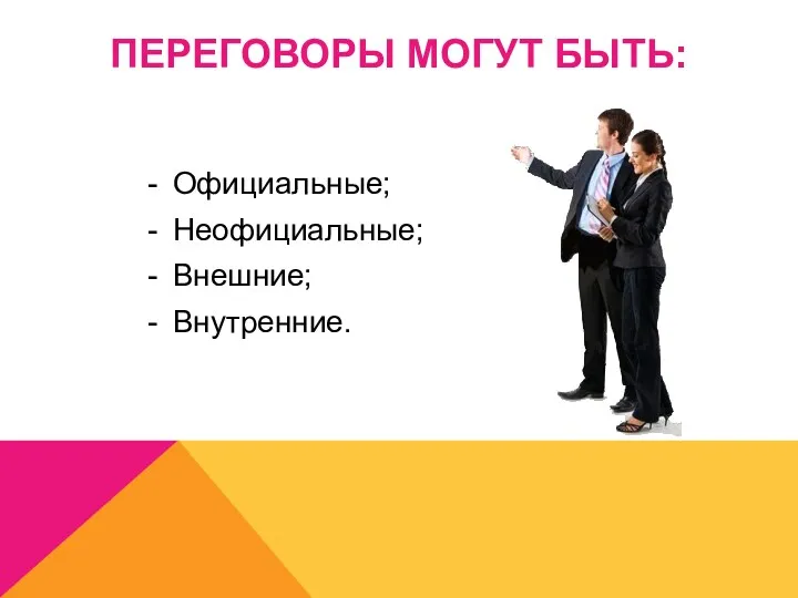 ПЕРЕГОВОРЫ МОГУТ БЫТЬ: Официальные; Неофициальные; Внешние; Внутренние.