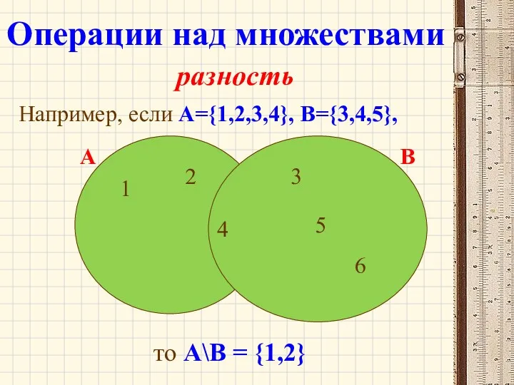 разность Например, если А={1,2,3,4}, B={3,4,5}, то А\В = {1,2} 1
