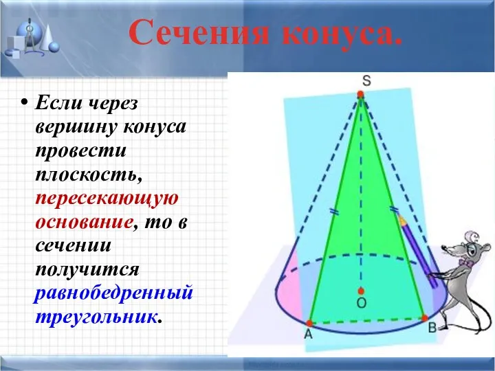 Сечения конуса. Если через вершину конуса провести плоскость, пересекающую основание, то в сечении получится равнобедренный треугольник.