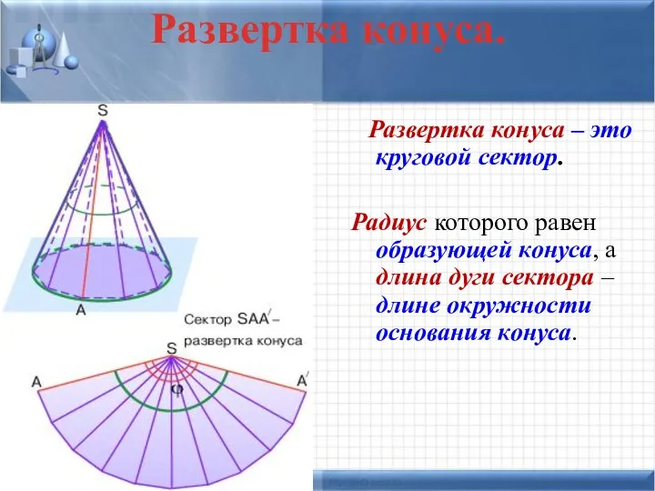 Развертка конуса. Развертка конуса – это круговой сектор. Радиус которого