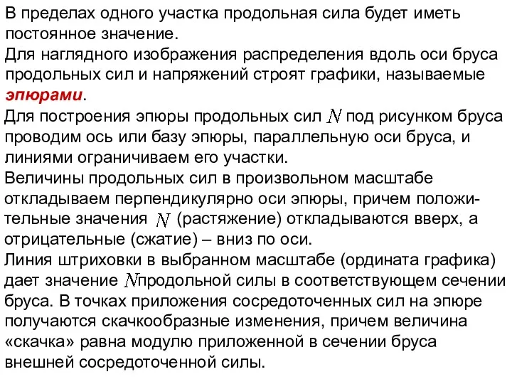 В пределах одного участка продольная сила будет иметь постоянное значение.