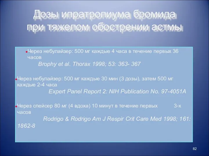 Дозы ипратропиума бромида при тяжелом обострении астмы Через небулайзер: 500