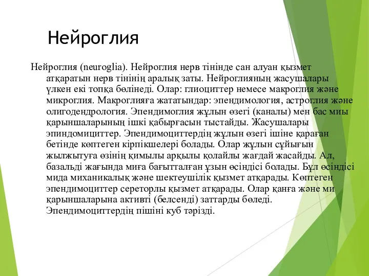 Нейроглия Нейроглия (neuroglia). Нейроглия нерв тінінде сан алуан қызмет атқаратын