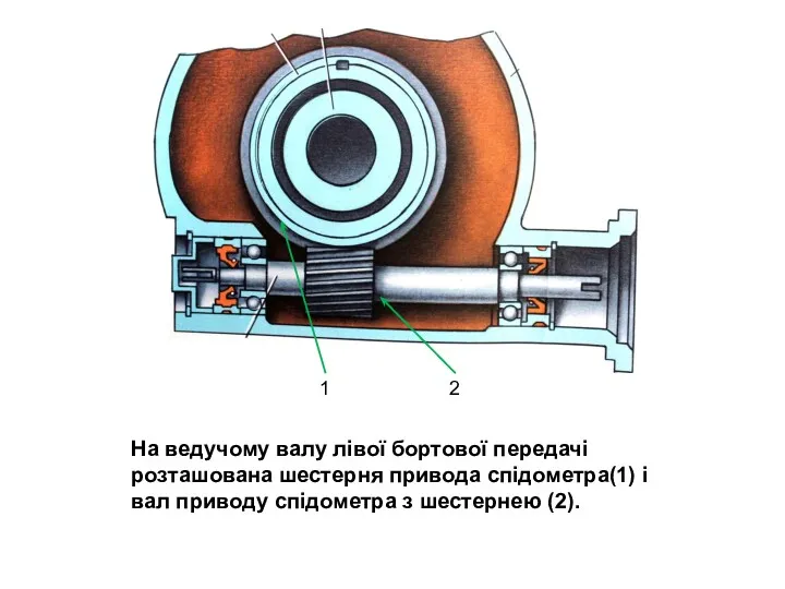 На ведучому валу лівої бортової передачі розташована шестерня привода спідометра(1) і вал приводу