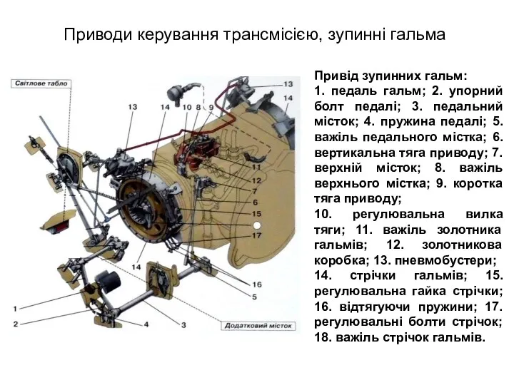 Приводи керування трансмісією, зупинні гальма Привід зупинних гальм: 1. педаль гальм; 2. упорний