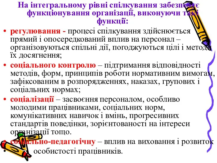 На інтегральному рівні спілкування забезпечує функціонування організації, виконуючи такі функції: