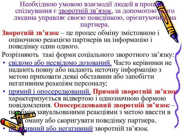 Необхідною умовою взаємодії людей в процесі спілкування є зворотній зв’язок,