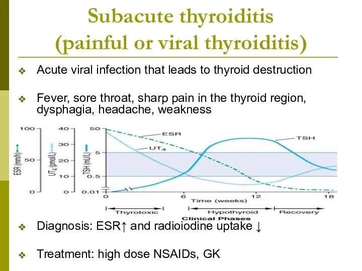 Subacute thyroiditis (painful or viral thyroiditis) Acute viral infection that leads to thyroid