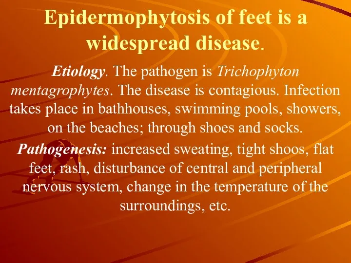 Epidermophytosis of feet is a widespread disease. Etiology. The pathogen