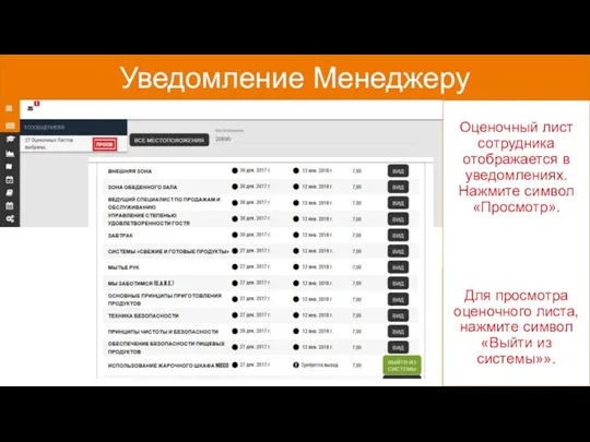 Уведомление Менеджеру Оценочный лист сотрудника отображается в уведомлениях. Нажмите символ