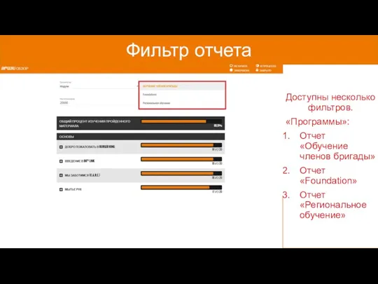 Фильтр отчета Доступны несколько фильтров. «Программы»: Отчет «Обучение членов бригады» Отчет «Foundation» Отчет «Региональное обучение»