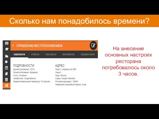 На внесение основных настроек ресторана потребовалось около 3 часов. Сколько нам понадобилось времени?