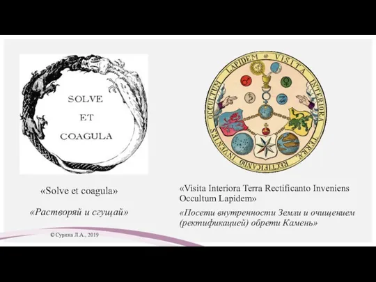 «Solve et coagula» «Растворяй и сгущай» «Visita Interiora Terra Rectificanto