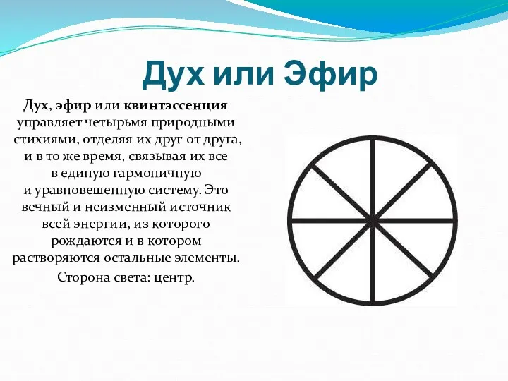 Дух или Эфир Дух, эфир или квинтэссенция управляет четырьмя природными