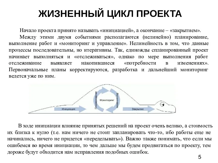 ЖИЗНЕННЫЙ ЦИКЛ ПРОЕКТА Начало проекта принято называть «инициацией», а окончание