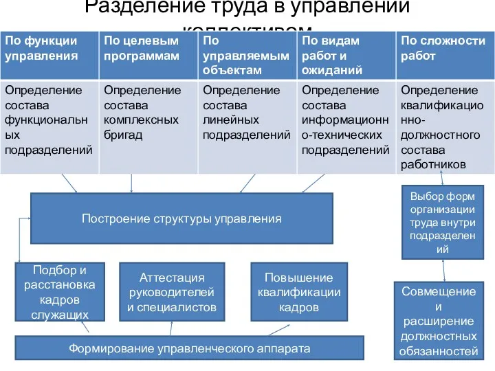 Разделение труда в управлении коллективом Построение структуры управления Выбор форм