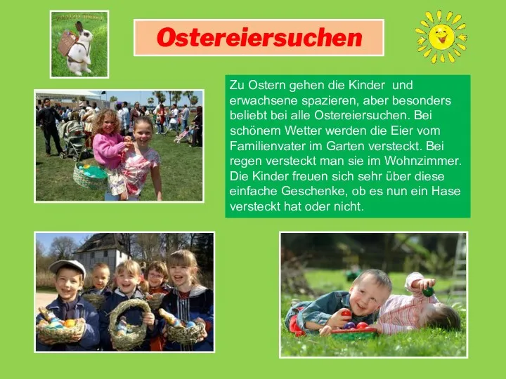 Ostereiersuchen Zu Ostern gehen die Kinder und erwachsene spazieren, aber