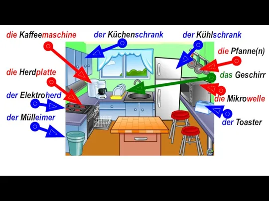 der Mülleimer die Herdplatte das Geschirr der Elektroherd die Kaffeemaschine