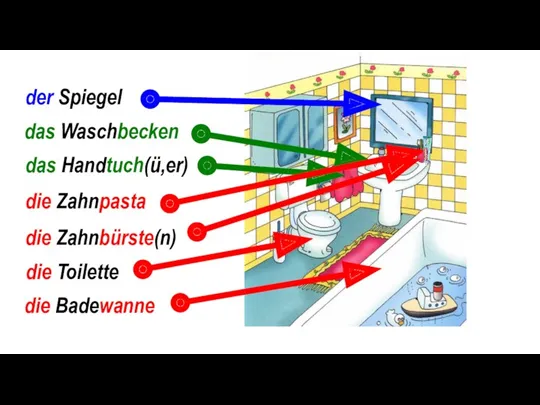 der Spiegel die Toilette das Waschbecken das Handtuch(ü,er) die Zahnbürste(n) die Zahnpasta die Badewanne