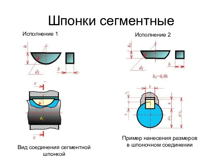 Шпонки сегментные Исполнение 1 Исполнение 2 Вид соединения сегментной шпонкой Пример нанесения размеров в шпоночном соединении