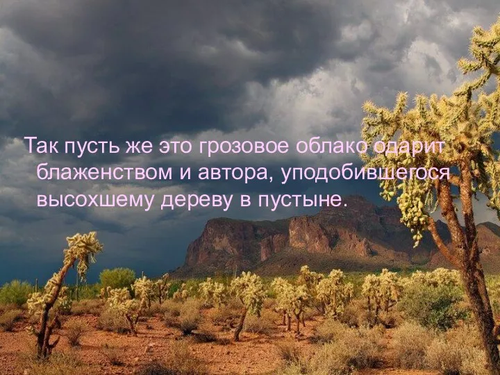 Так пусть же это грозовое облако одарит блаженством и автора, уподобившегося высохшему дереву в пустыне.