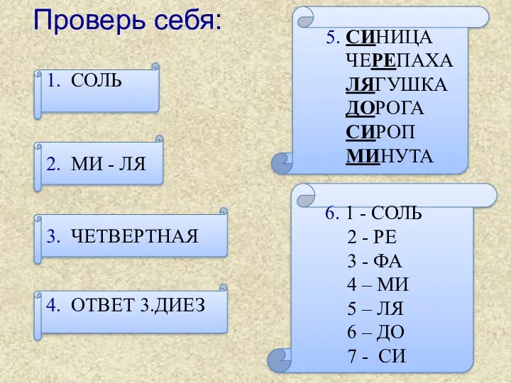 Проверь себя: 1. СОЛЬ 2. МИ - ЛЯ 3. ЧЕТВЕРТНАЯ