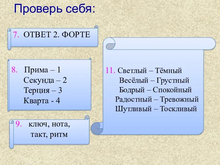 Проверь себя: 7. ОТВЕТ 2. ФОРТЕ 8. Прима – 1