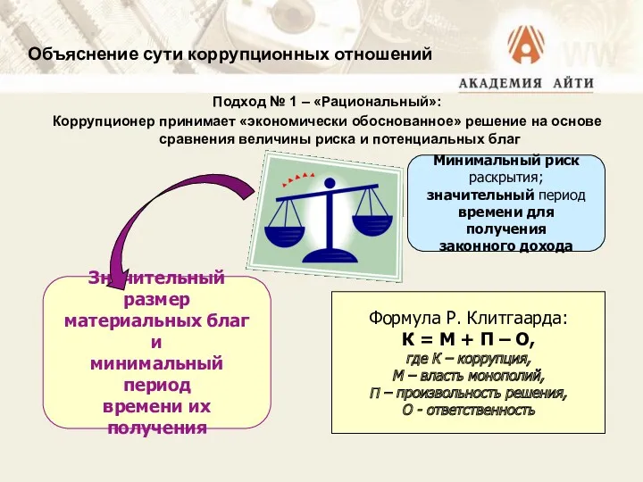 Объяснение сути коррупционных отношений Подход № 1 – «Рациональный»: Коррупционер