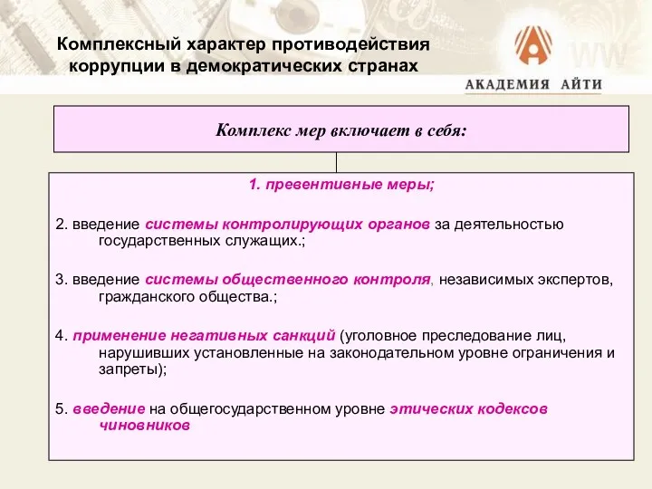 Комплексный характер противодействия коррупции в демократических странах 1. превентивные меры;