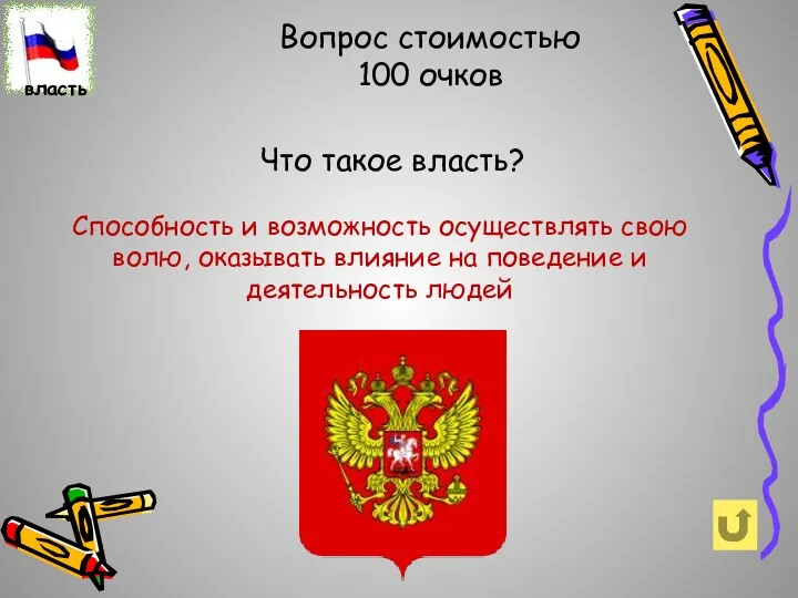 Вопрос стоимостью 100 очков Что такое власть? Способность и возможность