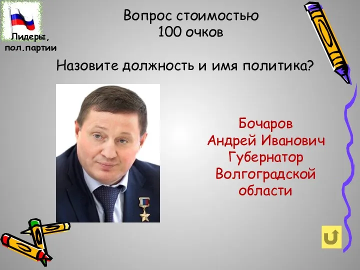 Вопрос стоимостью 100 очков Назовите должность и имя политика? Бочаров