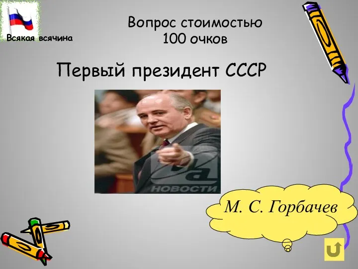 Первый президент СССР М. С. Горбачев Вопрос стоимостью 100 очков Всякая всячина