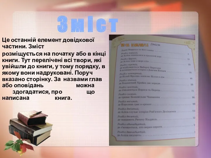 Це останній елемент довідкової частини. Зміст розміщується на початку або