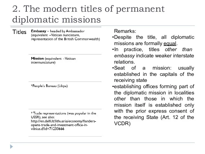 2. The modern titles of permanent diplomatic missions Remarks: Despite