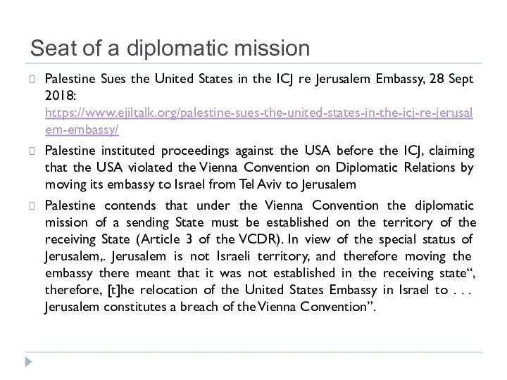 Seat of a diplomatic mission Palestine Sues the United States